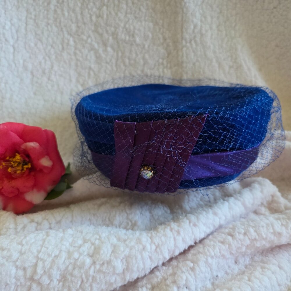 Pillbox Hat in Royal Blue Velvet with Netting - Union Made 1960's